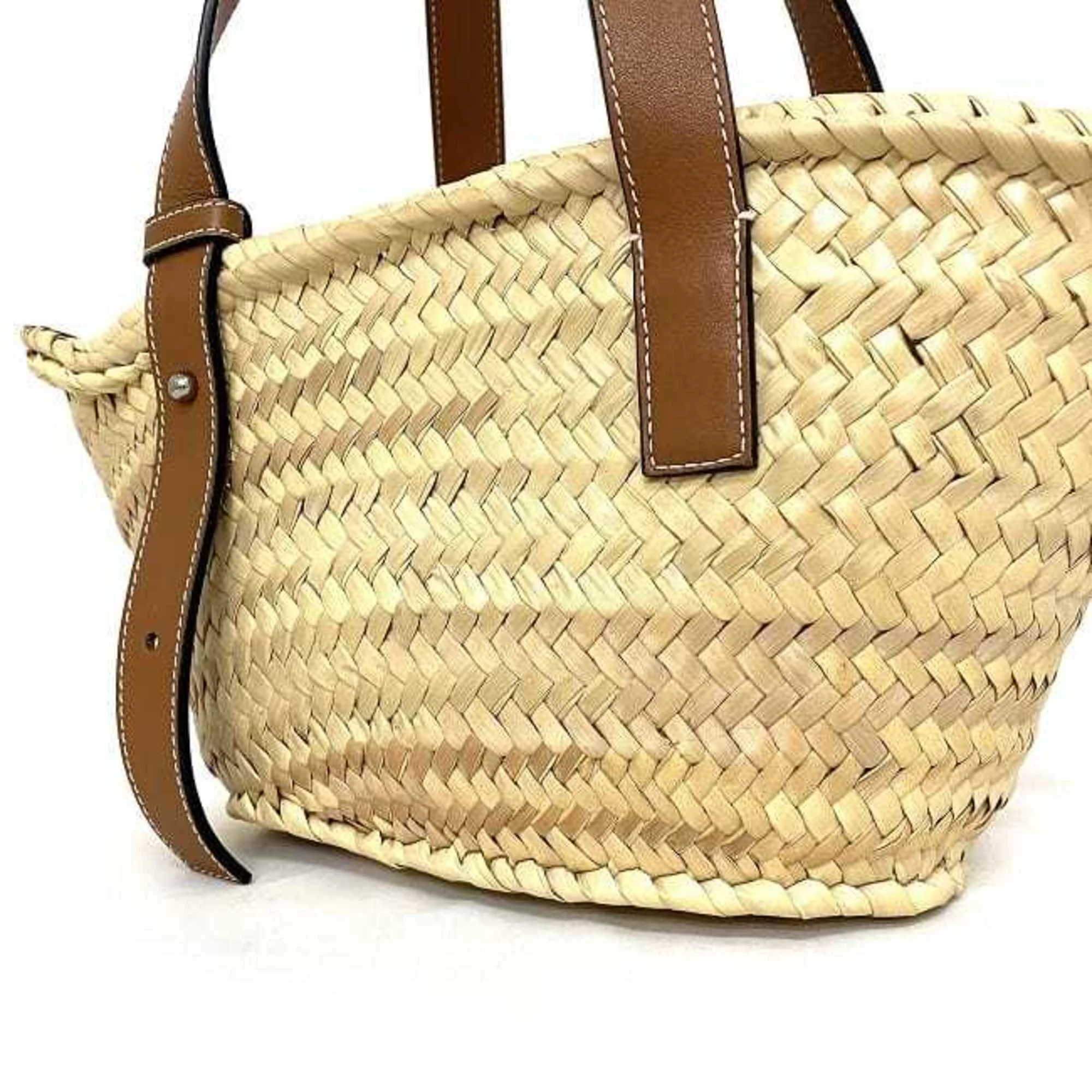 Pre-Owned Loewe Basket Bag Beige Brown Anagram 327.02.S93 Tote Palm Leaf Calf Leather LOEWE Straw Handbag (Good)