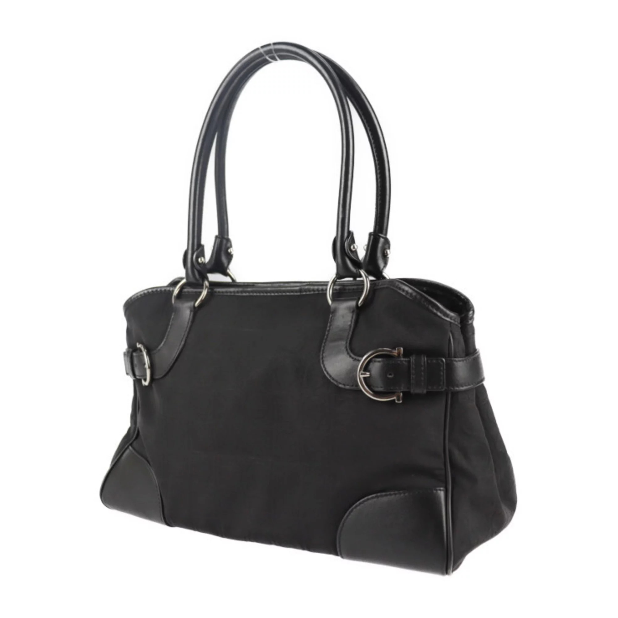 Pre-Owned Salvatore Ferragamo Gancini shoulder bag 21 4911 canvas leather black silver hardware handbag (Good)