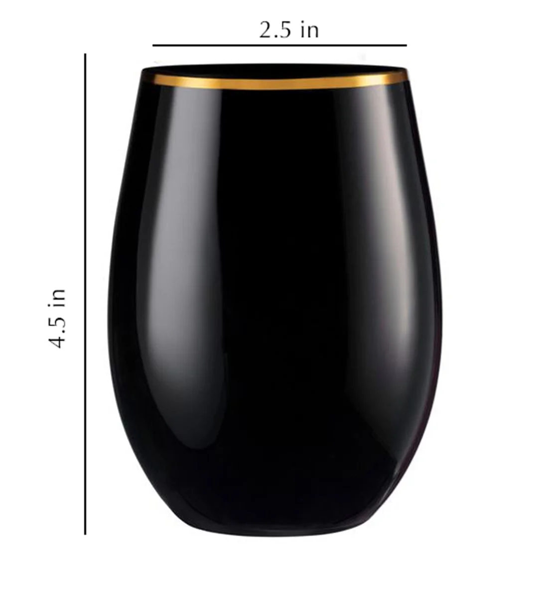 VEZEE Stemless Plastic Wine Goblet 16 oz Black / Gold Rim Pack of 48
