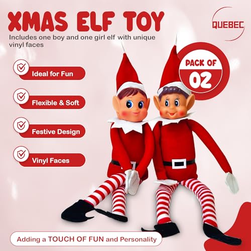 Quebec Naughty Elf Set - Boy & Girl Christmas Elf Figures, Santa's Little Helper Inspired, Soft Body, Vinyl Faces, 12 Inch, Couple