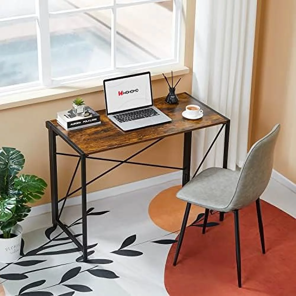 Folding Computer Desk No Assembly Small Desk 39” Study Writing Desk For Small Spaces Foldable Table Brown