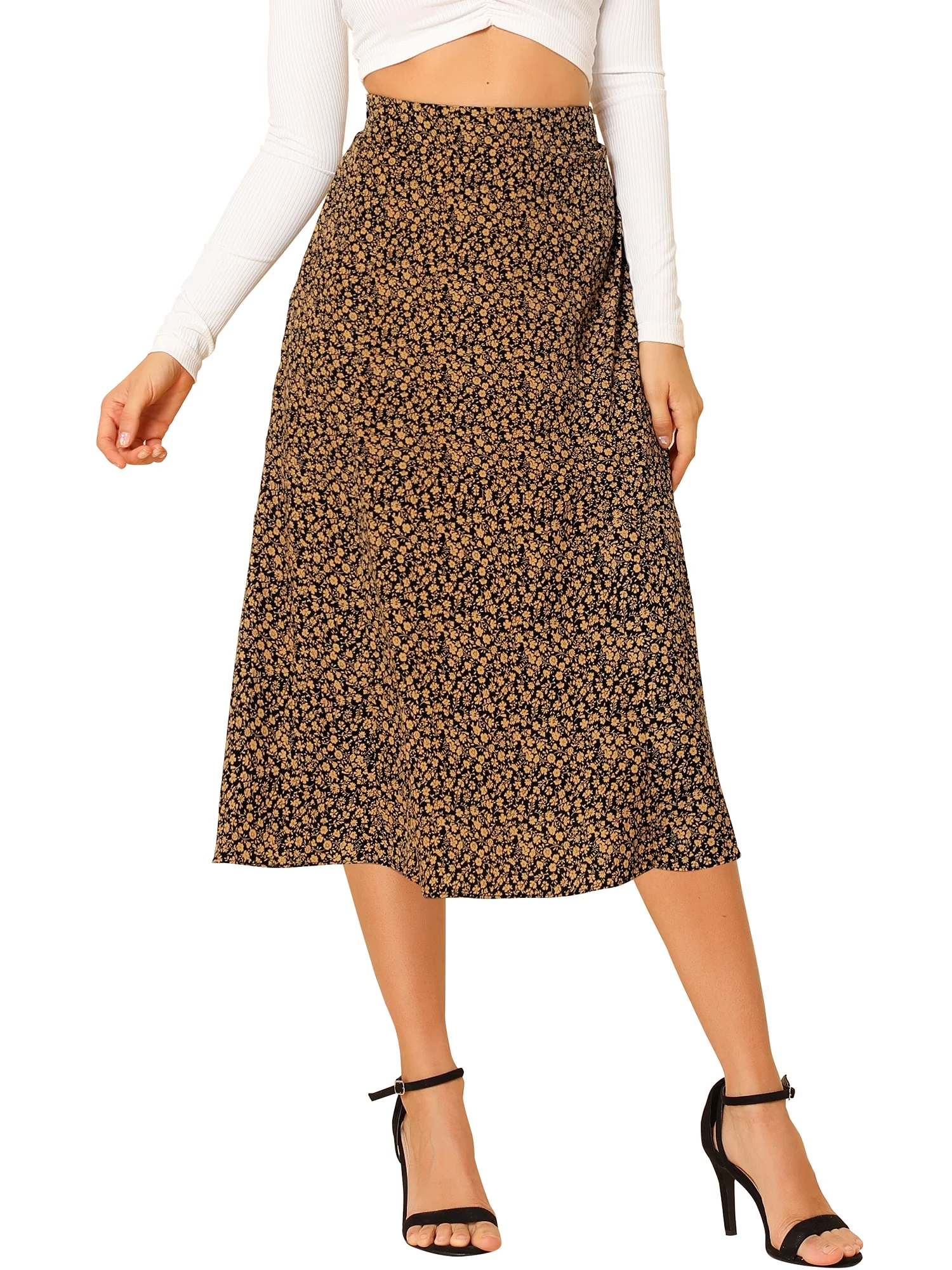 Allegra K Women's Peasant Elastic Waist A-Line Printed Midi Skirt