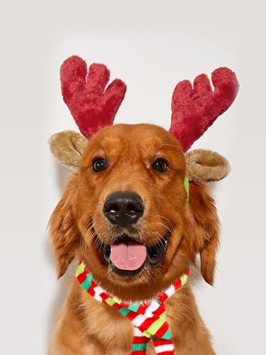 JeVenis Christmas Furry Reindeer Horn Headband Dog Deer Antler Costume Reindeer Ears Headband Costume Antlers for Dog for Christmas