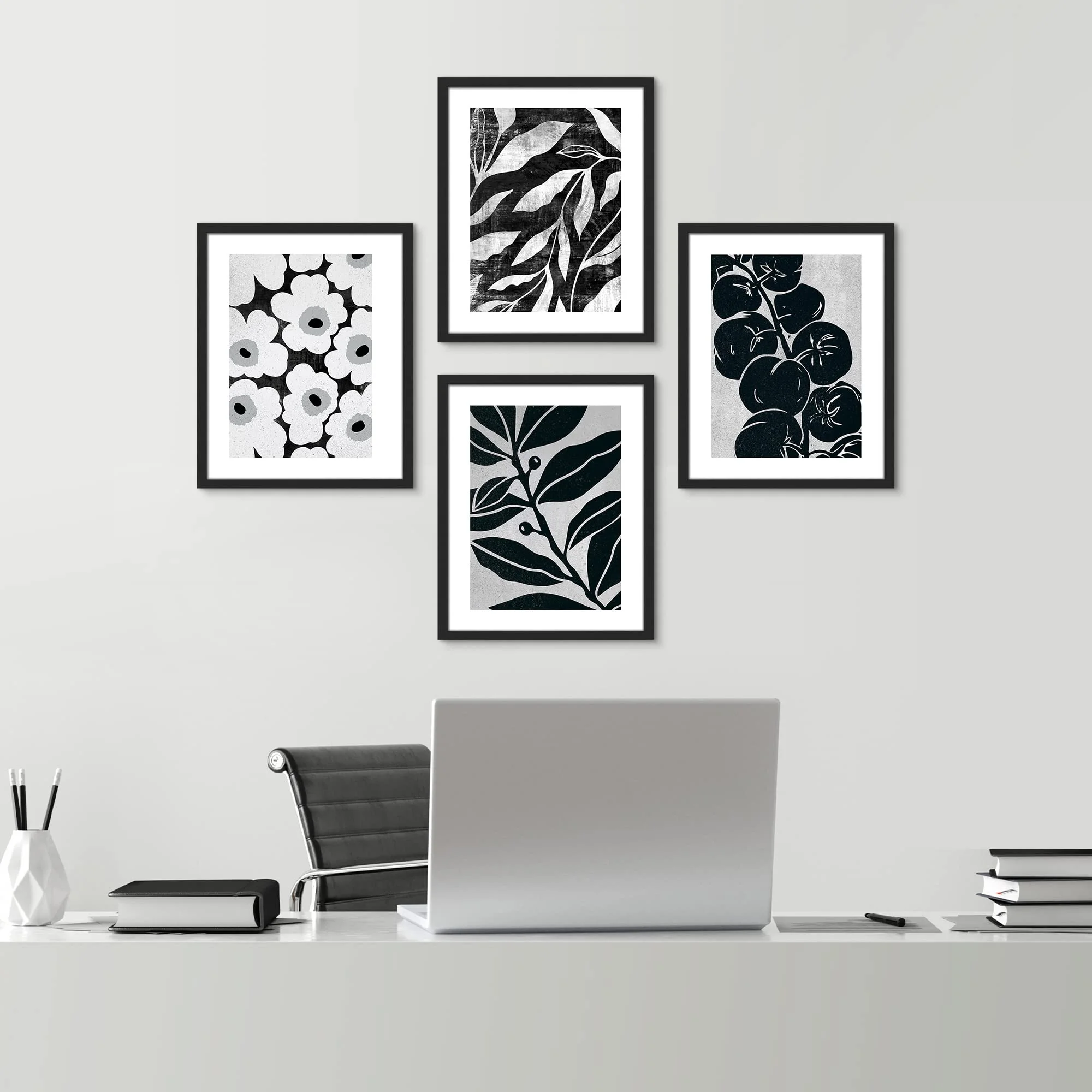 PixonSign Framed Wall Art Black & White Daisy Flower Plant Leaf Fruit Posters, Set of 4 Floral Botanical Canvas Prints, Nature Wilderness Wall Décor for Home Decor - 8