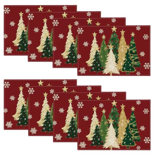Artoid Mode Xmas Trees Snowflakes Winter Placemats Set of 4, 12x18 Inch Seasonal Red Christmas Table Mats for Party Kitchen Dining Decoration