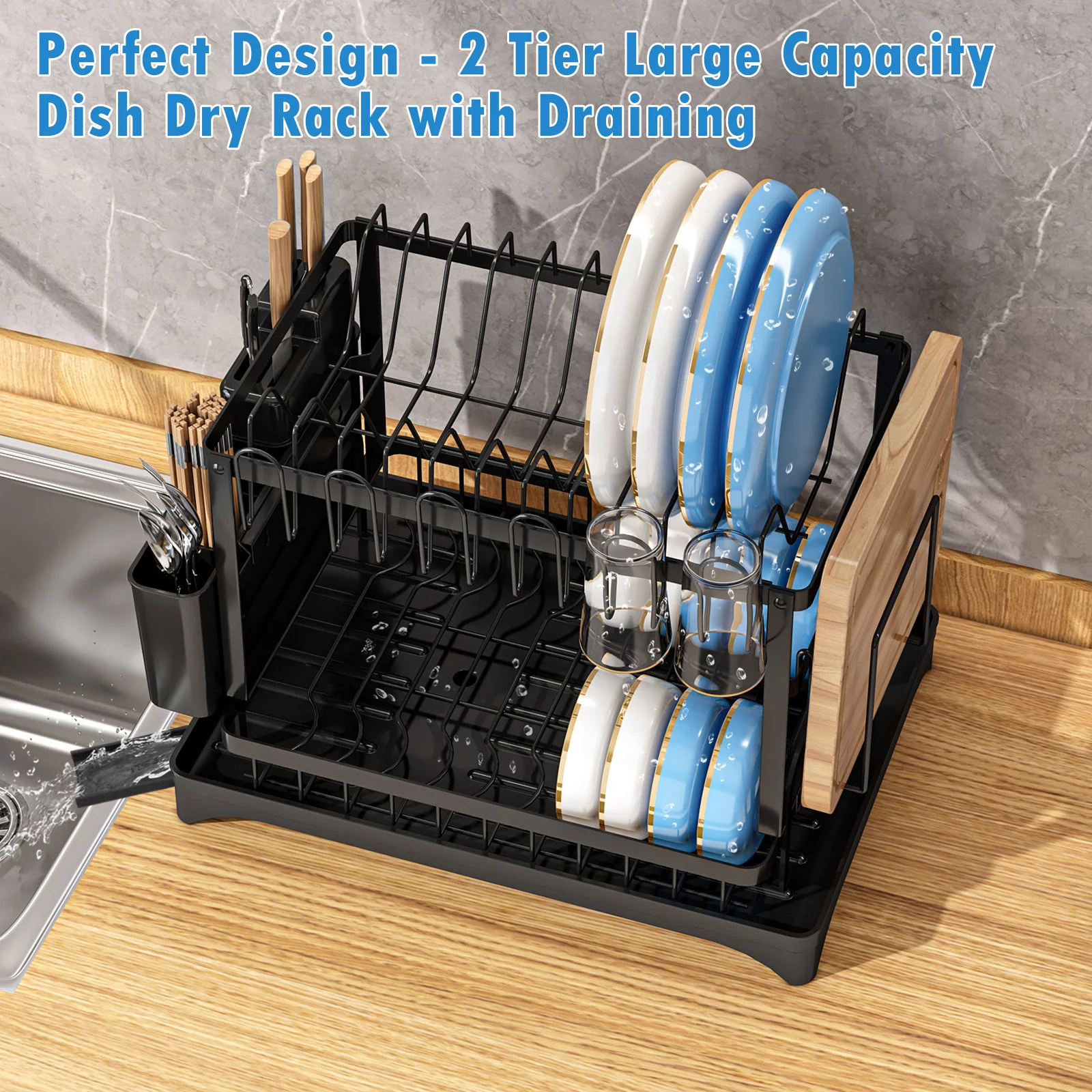 Kogiio 2-Tier Dish Drying Rack with Drainboard,  Black Metal Large Capacity Dish Drainer