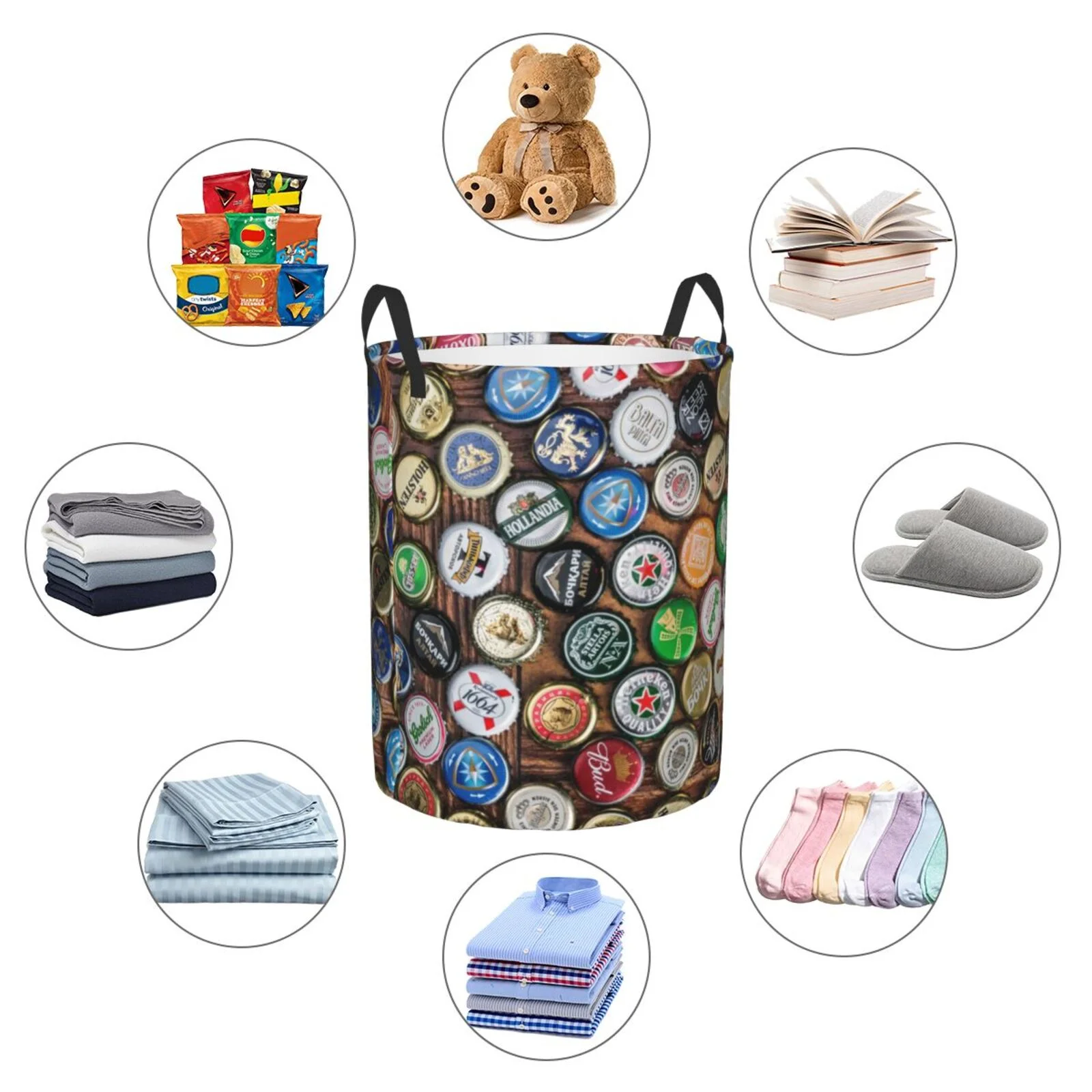 Fotbe Laundry Hamper With Durable Leather Laundry Basket Beer Caps Thickened Waterproof Round Collapsible Laundry Hamper, Dirty Clothes Laundry Basket