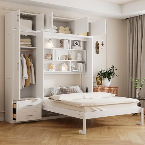Merax Queen Size Murphy Bed with Top Cabinet, Shelves and Wardrobe, Fold into The Wall, Multifunctional Foldable Platform Bed Frame for Bedroom, Guest Room, Home Office, Space-Saving Design, White