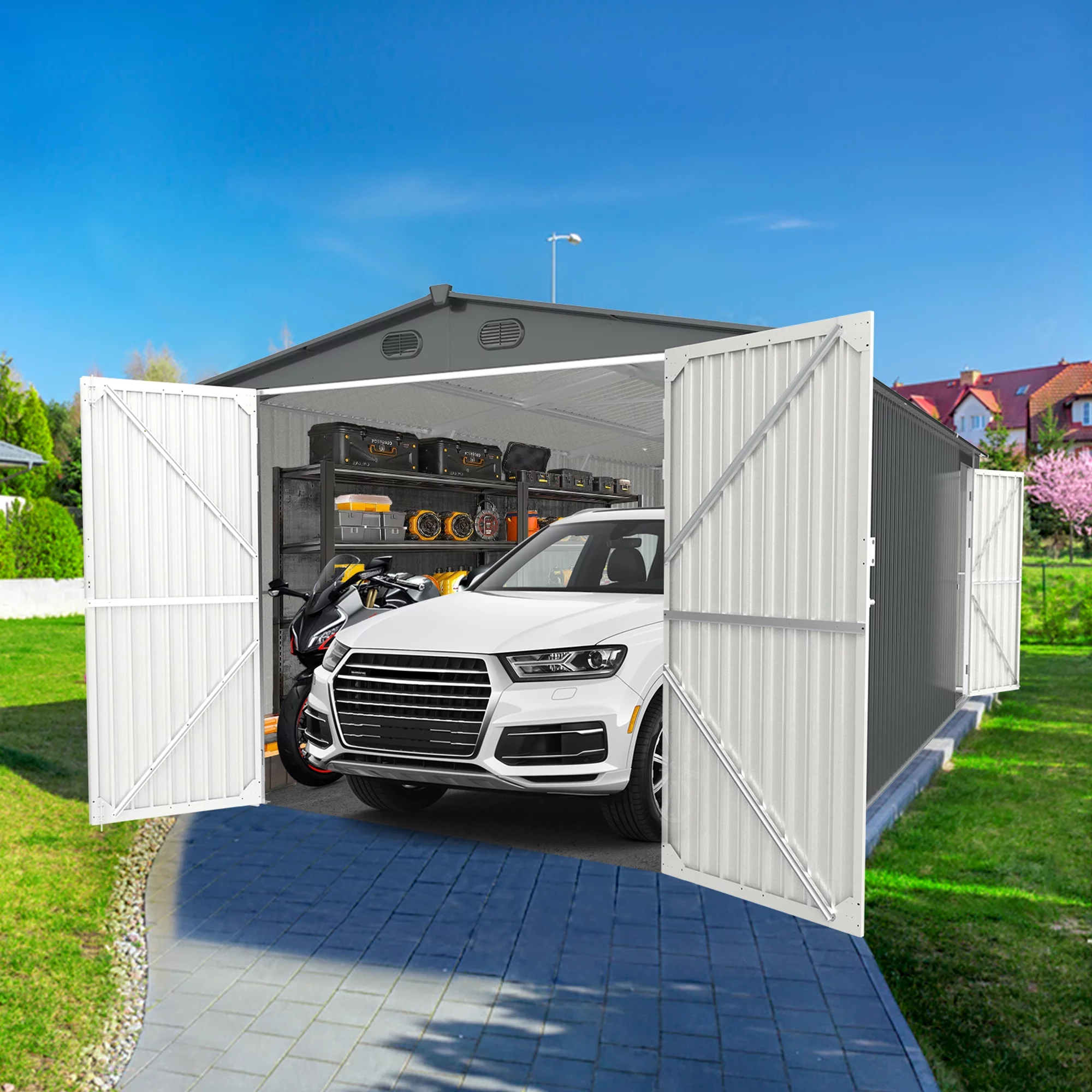 Chery Industrial Car Garage 20x13 ft, Metal Garden Shed Backyard Utility Tool House Building with 2 Doors and 4 Vents for Car