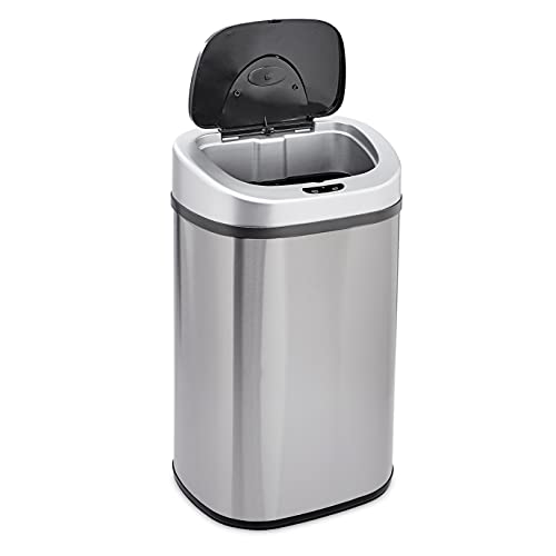 Amazon Basics Automatic Trash Can with Lid, Hands-Free, Stainless Steel, D-Shaped 80 l, 2 Bins