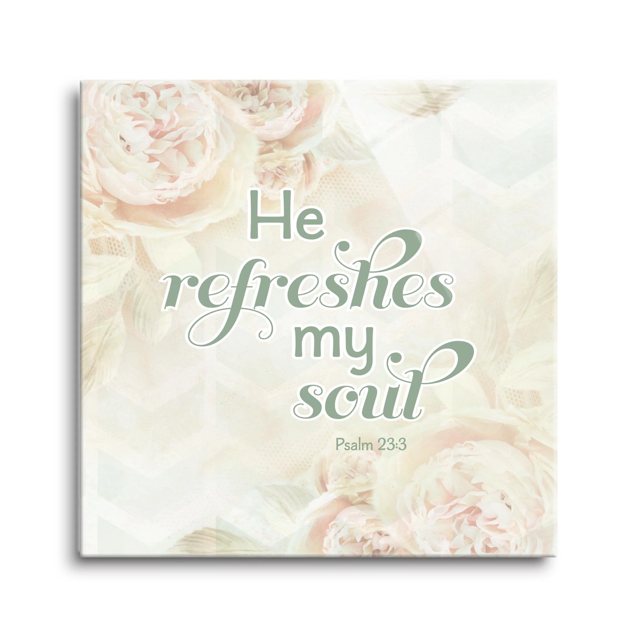 He Refreshes My Soul Cream Chevron Floral 12 x 12 Glass Wall Hanging Sign