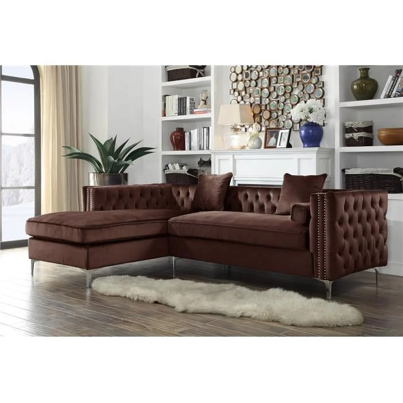 Chic Home  Monet Velvet Modern Contemporary Button Tufted Left Facing Sectional Sofa - Brown