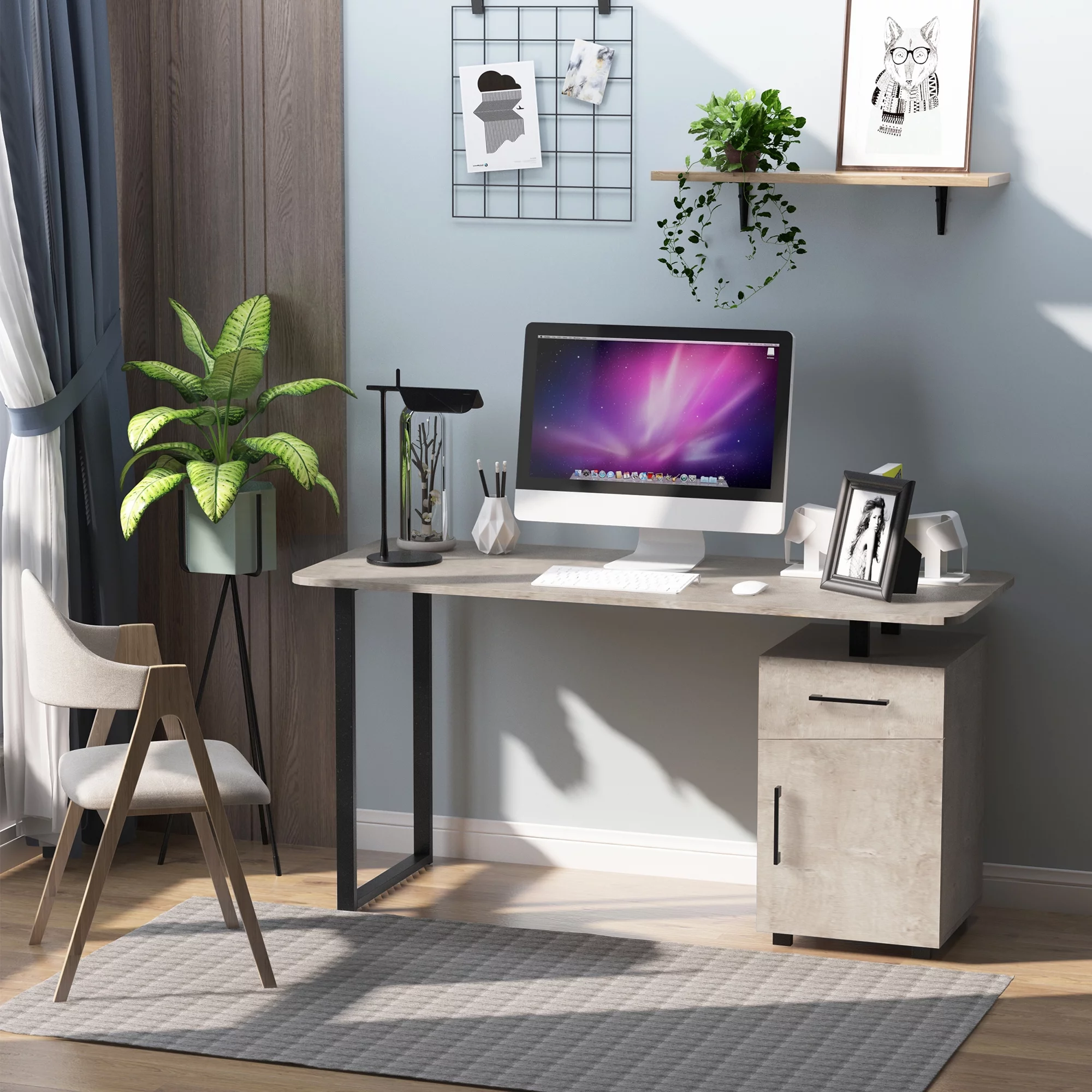 HOMCOM Home Office Computer Desk with Drawer and Storage Cabinet, PC Workstation with Metal Frame, Writing Table, Oak