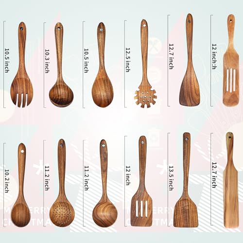 Christmas Wooden Spoons for Cooking,10 Pcs Natural Teak Wooden Kitchen Utensils Set Wooden Cooking for Xmas Kitchen Supplies(10 PCS Xmas Gift)