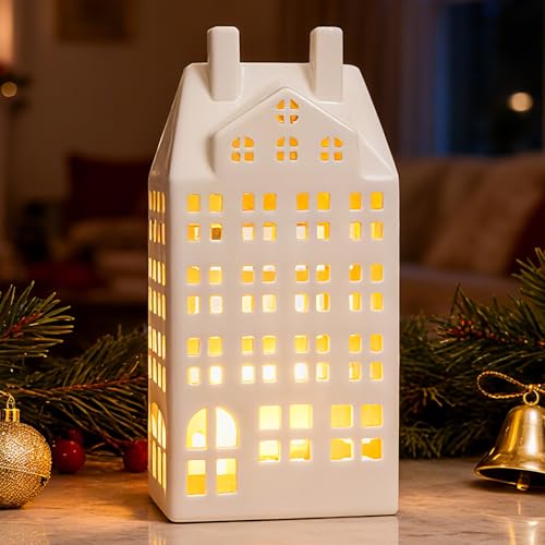 DN DECONATION Light Up Christmas Decor Village Sets, White Ceramic House with Lights, Modern Christmas Town Building Decorations, Winter Porcelain Village Xmas Decor for Tabletop Centerpiece Inside