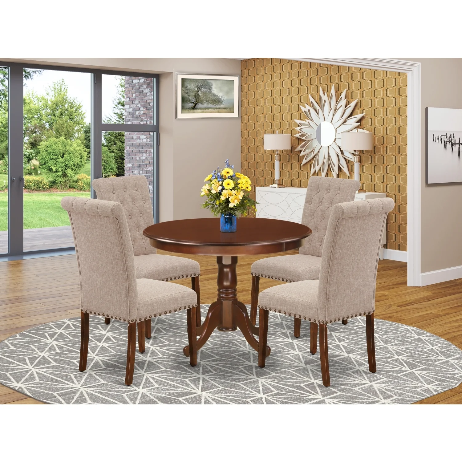 HomeStock Antique Ambiance 5Pc Dining Set Includes A Round Dinette Table And Four Parson Chairs With Light Fawn Fabric, Mahogany Finish