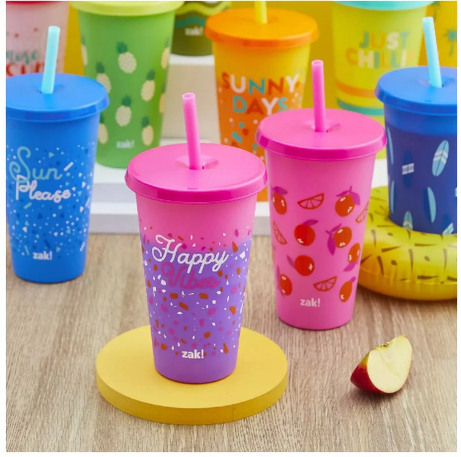 Zak Designs 25-oz. Color-Changing Tumbler 12-Pack Set Reusable Plastic with Splash-Proof Lids and Straws