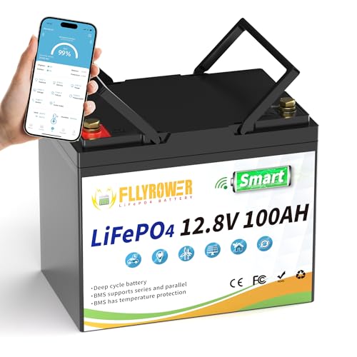 FLLYROWER 12V Lithium Battery 100AH With BMS and 16500 Deep Cycles 12V 100AH Lifepo4 Battery Grade A Cells for Marine Trolling Motor RV camping Solar Golf Cart Off-Grid