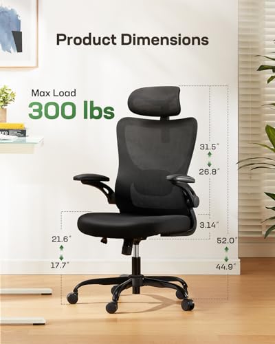 Marsail Ergonomic Office Chair with Lumbar Support, High Back Desk Chair with 2D Headrest & Flip-Up Armrests Gaming Computer Task Chair Tilt Function Black