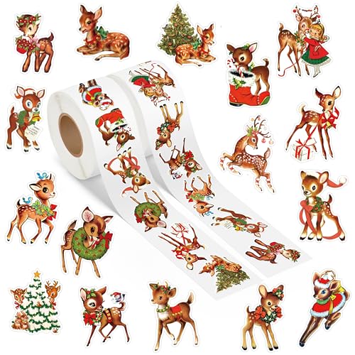 Christmas Reindeer Sticker Roll - 1000Pcs Vintage Cartoon Reindeer Stickers Gifts Pack for Kids Teens, Cute Label Decals for Laptop Gift Guitar Skateboard Home Party Decor School Rewards
