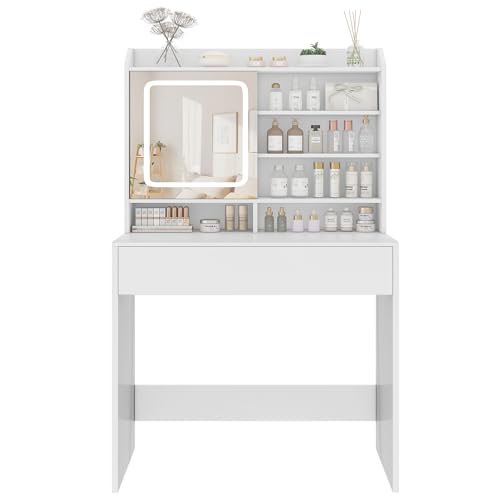 usikey Small Vanity Desk with Mirror and Lights, Makeup Vanity with Lighted Sliding Mirror, 3 Lighting Modes, 1 Large Drawer & 3 Hidden Storage Shelves, Vanity Table for Bedroom, Closet, White