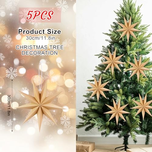 12 Inches 5 PCS Natural Paper Star Lanterns Christmas Party Decorations Hanging Stars Christmas Party Decorations Wedding Birthday Christmas Home Party Decorations(9 Pointed)