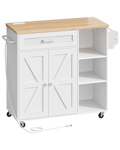 Kitchen Island Trolley with Power Outlet, Spice Rack, Rolling Storage Cart with Drawer, Versatile Island Table with Cabinet, for Dining Room, Black and Rustic Brown MZD02UBFC1