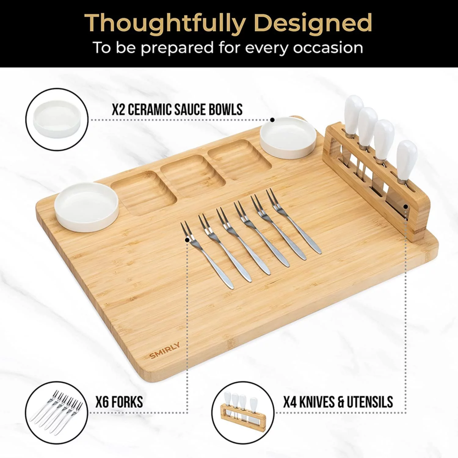 QIYAA Charcuterie Board Set Cheese Platter Knife Cutlery Wooden Bamboo Tray