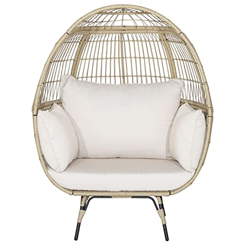 Tangkula Oversized Wicker Egg Chair, Stationary Patio Lounge Basket w/ 4 Soft Cushions, Stable Metal Frame, Gorgeous Indoor Outdoor Lounge Chair, Ideal for Living Room, Backyard, 450 LBS Max Load