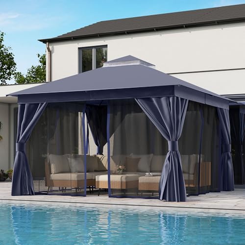 LAUSAINT HOME Outdoor Patio Gazebo 10'x13' with Expansion Bolts, Heavy Duty Gazebos Party Tent Shelter with Double Roofs, Mosquito Nets and Privacy Screens for Backyard, Garden, Lawn, Khaki