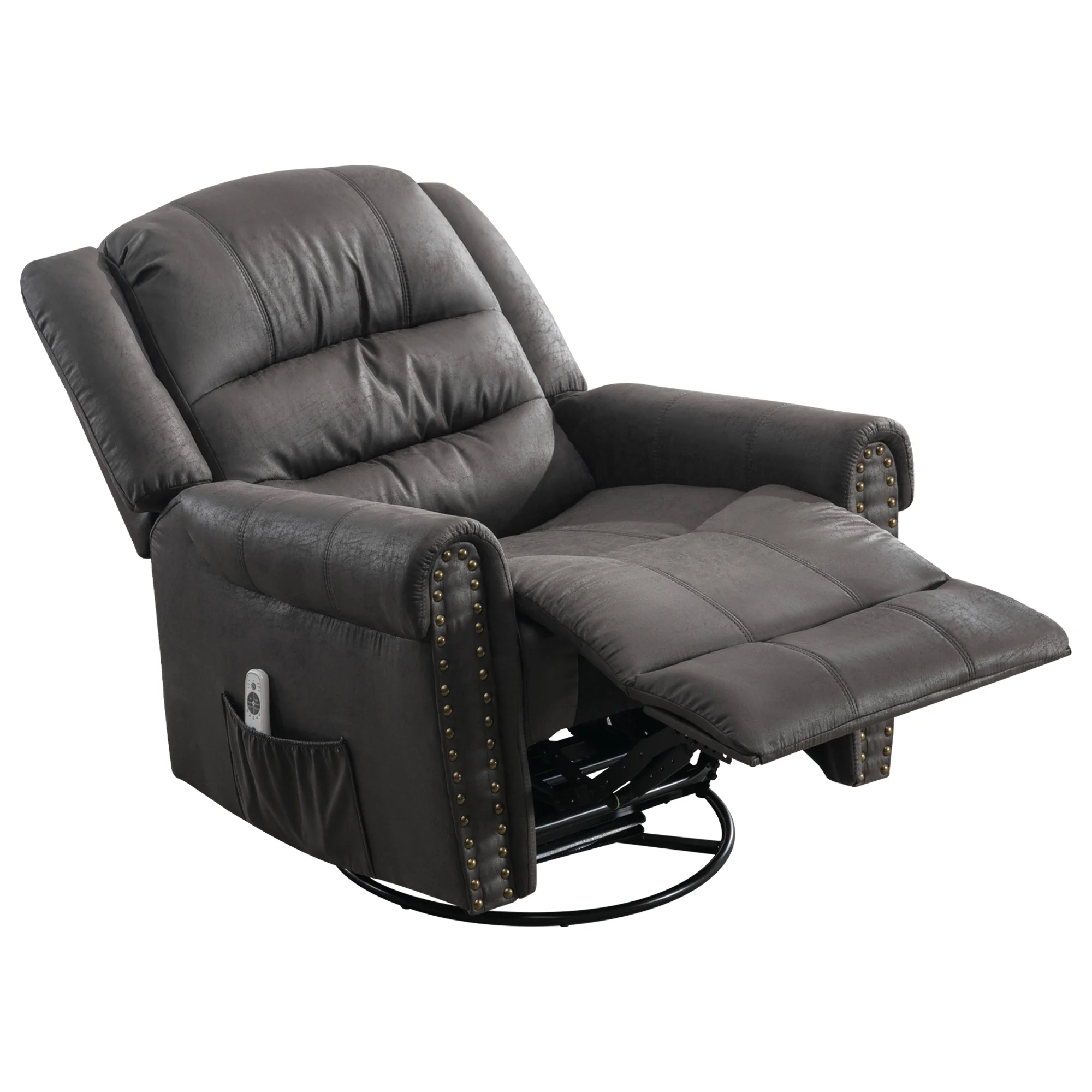 BTMWAY Swivel Recliner Chair, PU Leather Ergonomic Lounge Chair with Vibration Massage, Heat, Rocking Function, Side Pocket and USB Charge Port, Reclining Sofa for Living Room, Gray