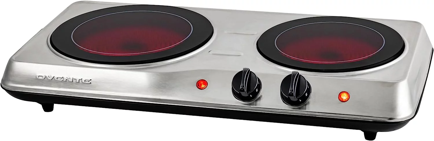 OVENTE Countertop Infrared Double Burner, 1700W Electric Hot Plate & Portable Stove, Silver BGI102S