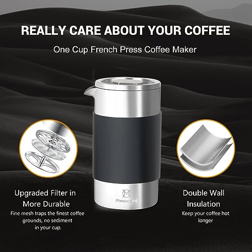 French Press Coffee Maker – Single Serve 1 Cup Small Stainless Steel Thermal Double Walled French Press 350ML/12OZ