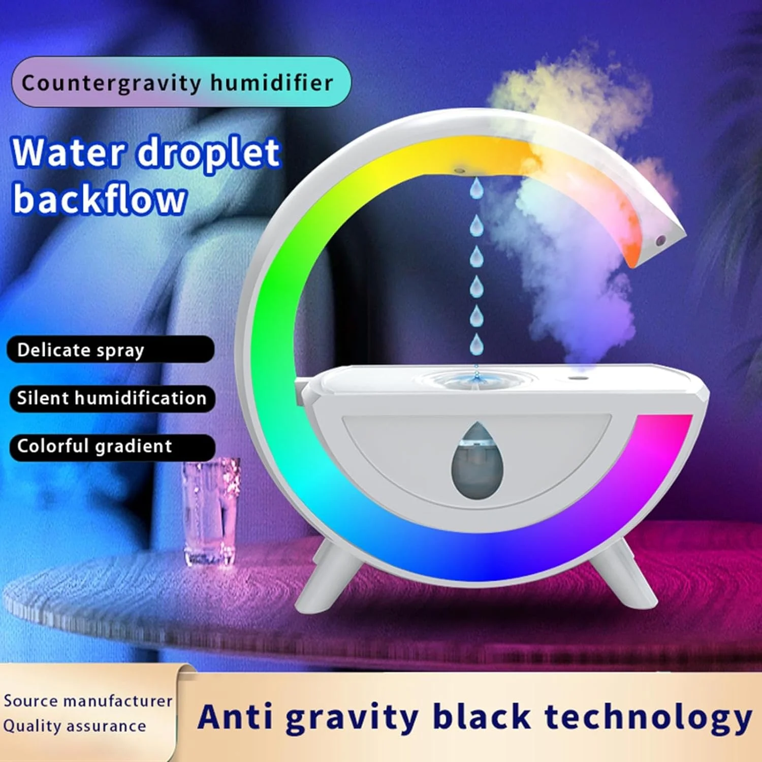 Anti Gravity Water Drop Humidifier, USB Charging Humidifiers For Bedroom With 7 Colors Light, 3-in-1 Air Humidifiers Raindrop Humidifier For Home Bedroom,EssentialOil Diffuser,Auto Shut-off,350ML