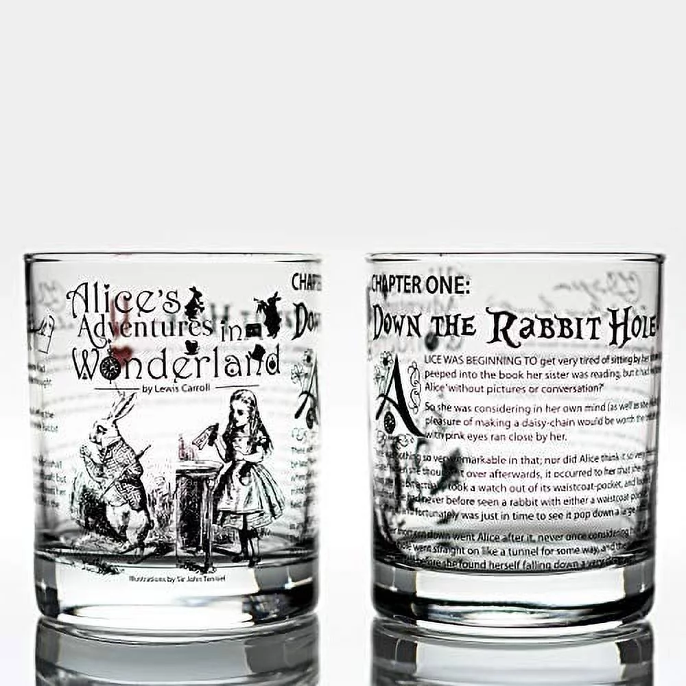 Alice in Wonderland Whiskey Glasses | Literature Rocks Glass with lewis carroll Book Images & Writing (Set of 2)
