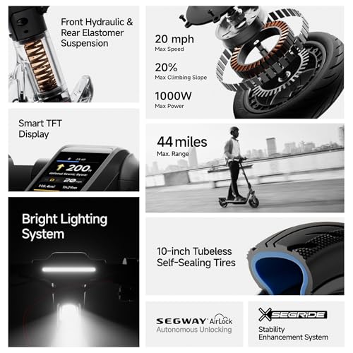 Segway Ninebot F3 Electric Scooter, Up to 20 MPH, 44-Mile Range, Self-Sealing Tubeless Tires, Front Hydraulic & Rear Elastomer Suspension, UL2271 2272 Certified