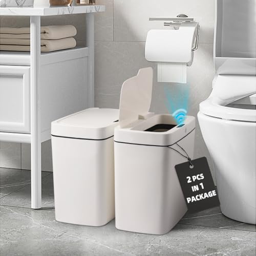 Bathroom Trash Can with Lid 2 Pack 3.9 Gallon Touchless Automatic Garbage Can Slim Motion Sensor Waterproof Plastic Trash Bins for Bedroom, Bathroom, Kitchen, Office, Ivory White 10.2