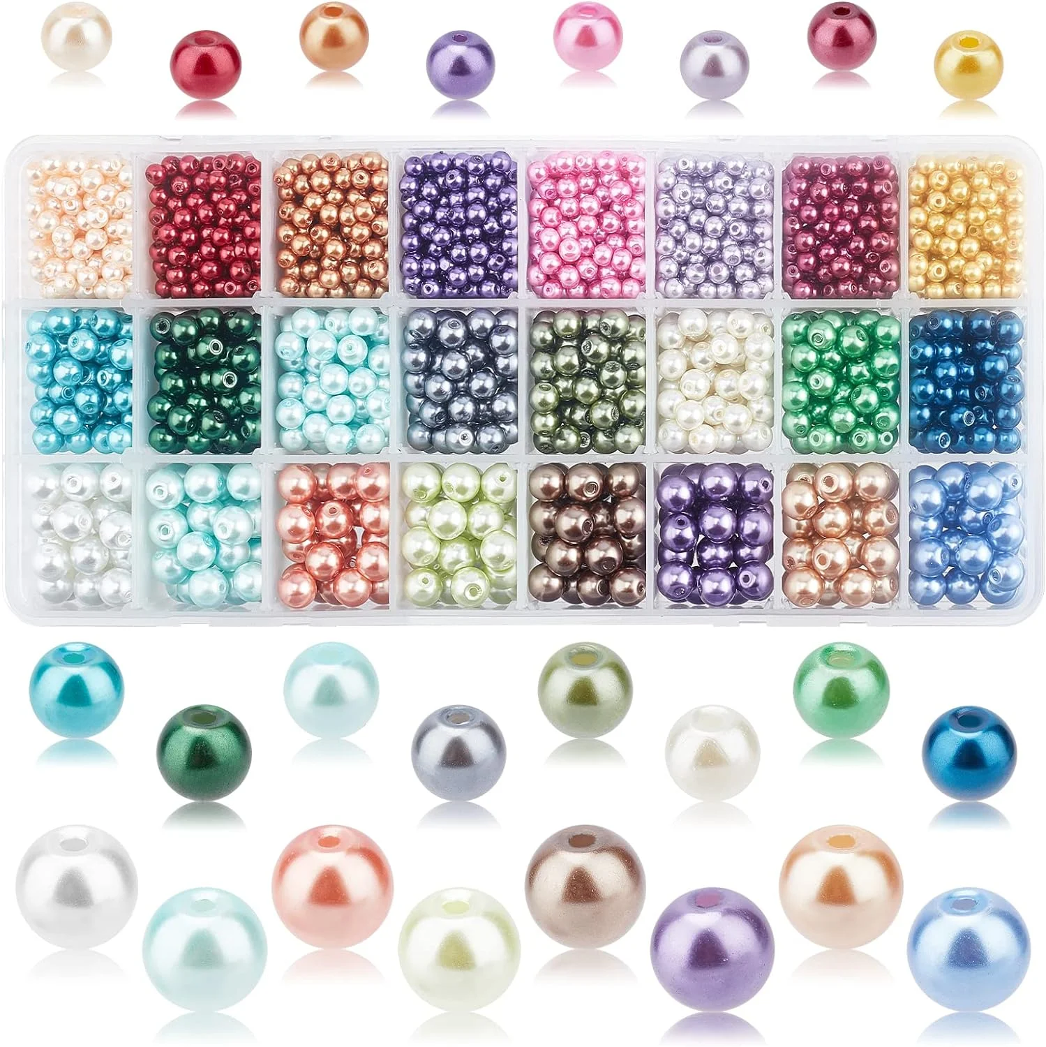 2640pcs Pearlized Glass Beads 24 Color 3 Sizes Craft Pearl Bead Dyed Round Satin Luster Faux Pearl Beads Loose Spacer Beads for Bracelet Necklace Jewelry Making( 4mm 6mm 8mm )