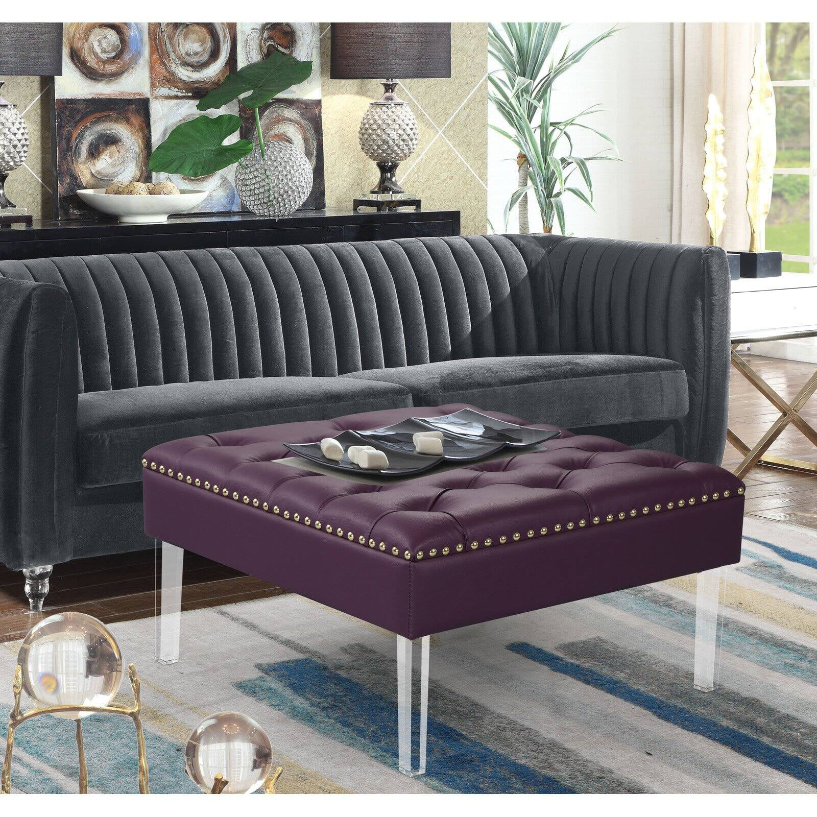 Marie Square Ottoman Center Table Button Tufted PU Leather Upholstered Acrylic Legs
