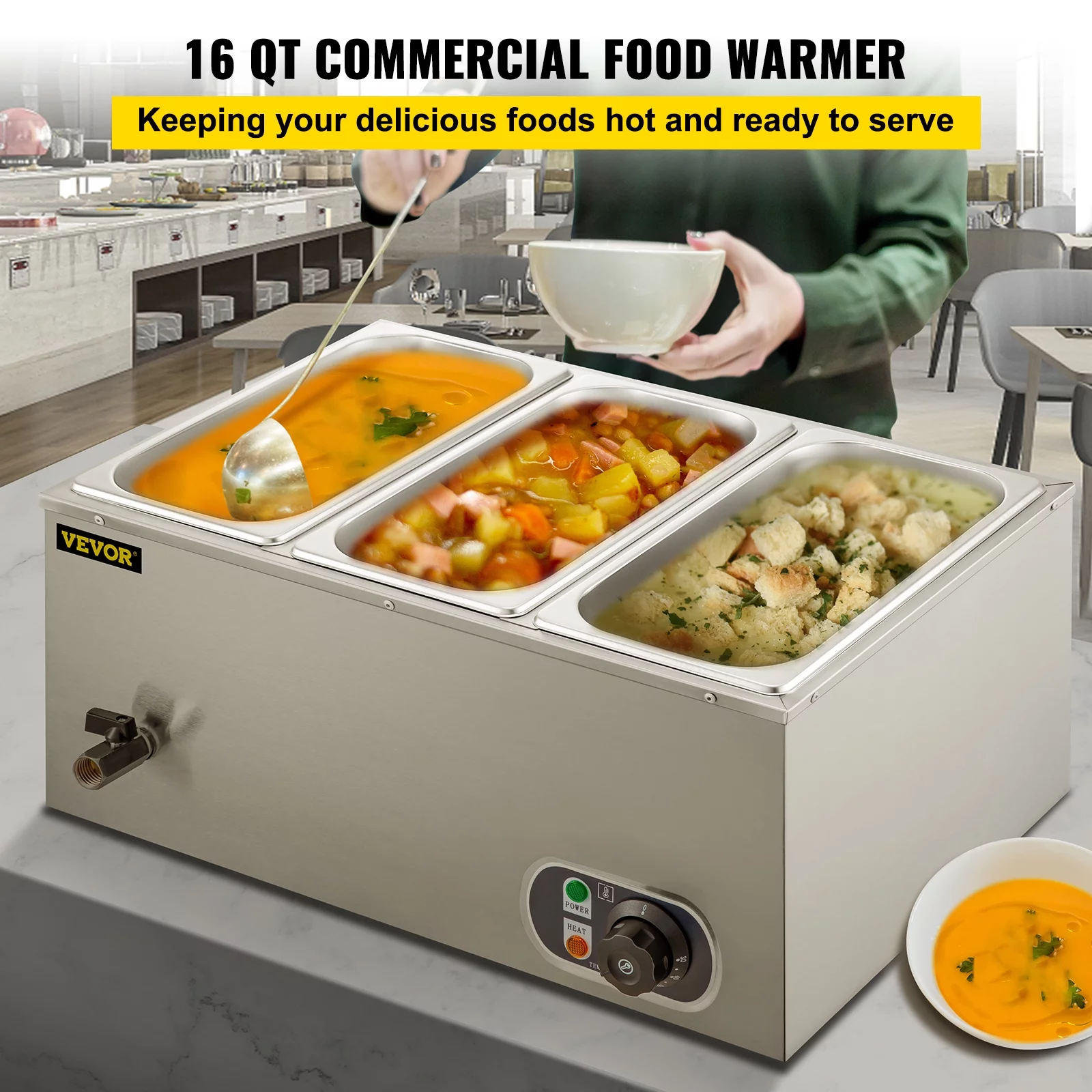 VEVORbrand 3-Pan Commercial Food Warmer, 1200W Electric Steam Table 15cm/6inch Deep, Professional Stainless Steel Buffet Bain Marie 21 Quart for Catering and Restaurants