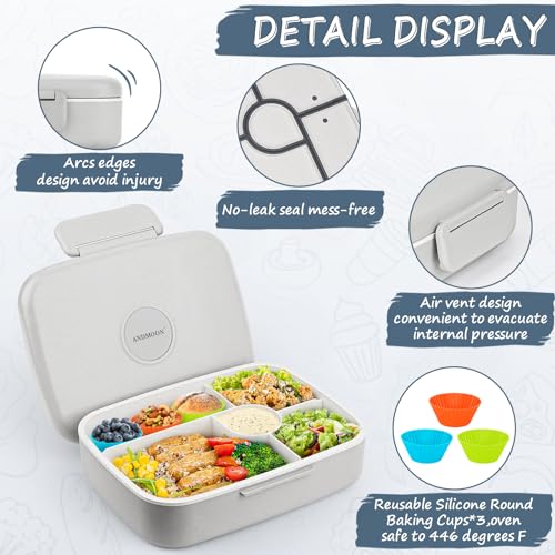 Bento Lunch Box, 5 Compartments Lunch Container for Kids/Adults with Snack cup, Wheat Fiber Eco-Friendly Double Insulated Boxes, Dishwasher and Microwave Safe, BPA-Free (White)