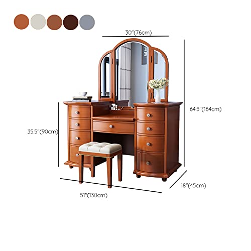 LITFAD Contemporary Vanity Table and Stool Set 9 Drawers Makeup Vanity Desk Nordic Dressing Table with LED Light - Makeup Vanity & Mirror & Stools Ivory