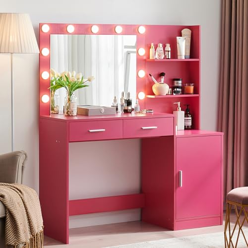 Vanity Desk with Mirror and LED Light Strip,Dressing Table with Large Drawer, 3 Level Storage Dresser & 3 Lighting Modes Adjustable Brightness, Suitable for Bedroom