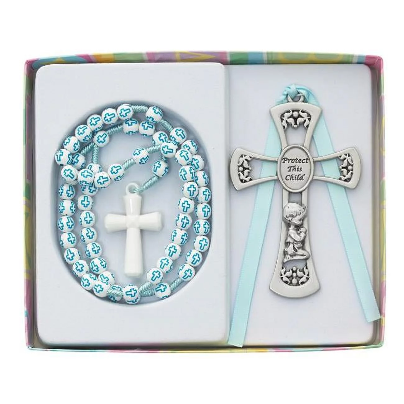 Mcvan BS63 6 mm Boys Blue Cross Rosary with 3 in. Pewter Crib Medal Boxed