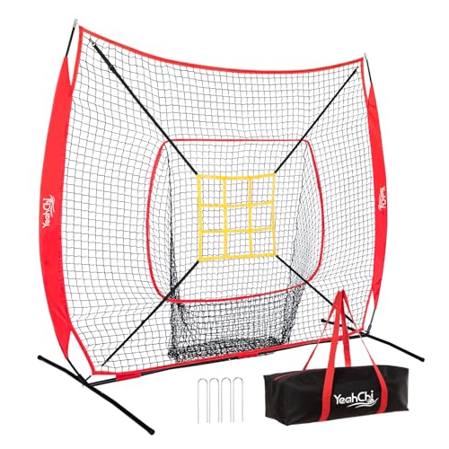 7×7FT Baseball net, Pitching net with Strike Zone Target, Baseball&Softball Practice net with Sturdy Bow Frame and Stable Base,Portable Practice net for All Ages and All Skilled Levels