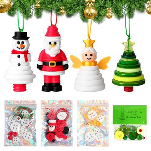 Faneswalk DIY Christmas Button Ornament Making Set,Craft Buttons Kit with Christmas Snowman/Santa/Angel/Tree,Fun Holiday Decorations for All Ages, for Xmas Tree Hanging Decorations (4PCS)