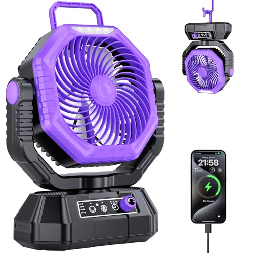 AJVV Camping Fan, 20000mAh Portable Rechargeable Battery Powered Fan with Stepless Wind Speed, Personal Desk USB with Light for Outdoor, Home, Tent, Fishing, Camping