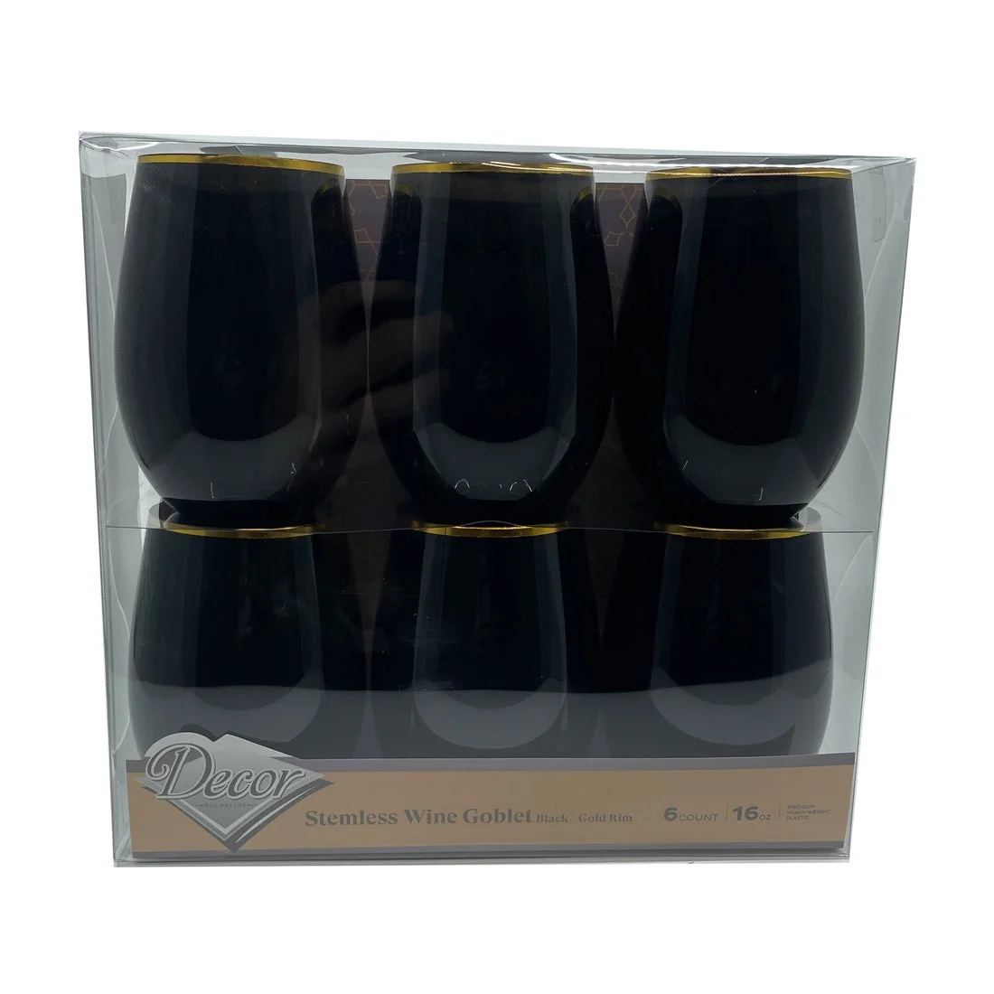 VEZEE Stemless Plastic Wine Goblet 16 oz Black / Gold Rim Pack of 48