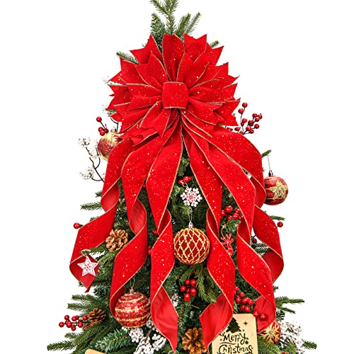 Christmas Tree Topper,33x13 inches Large Toppers Bow with Snowflake Pattern for Christmas Decoration (Red)