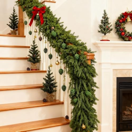 Jasion 9 Ft Christmas Garlands Norfolk Pine Garland Real Touch Artificial Faux Greenery Garland for Holiday Indoor Outdoor Table Wall Mantle Fireplace Decor